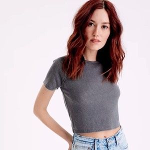 AE Waffle Knit Crop Top Baby Tee Gray